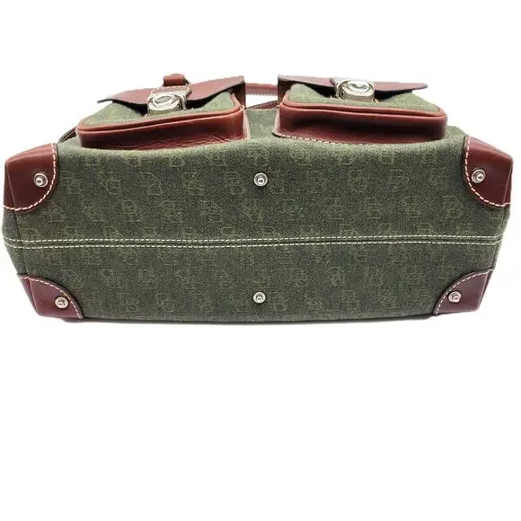 Dooney & Bourke Green Signature Logo Canvas Leather Double Pocket Tote Bag Purse - Picture 3 of 14